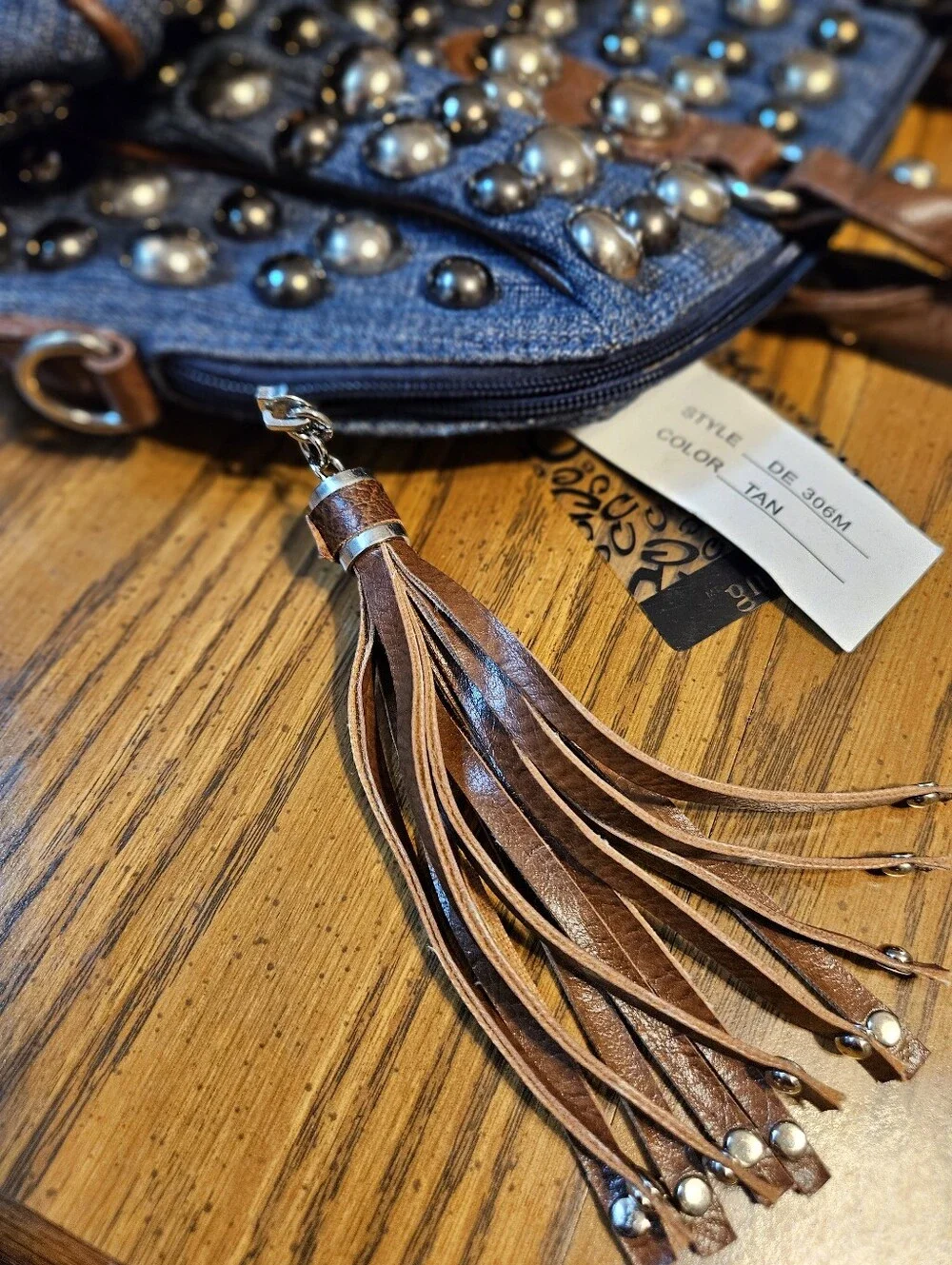 Guess Denim Satchel with Silver Studs and Brown Trim